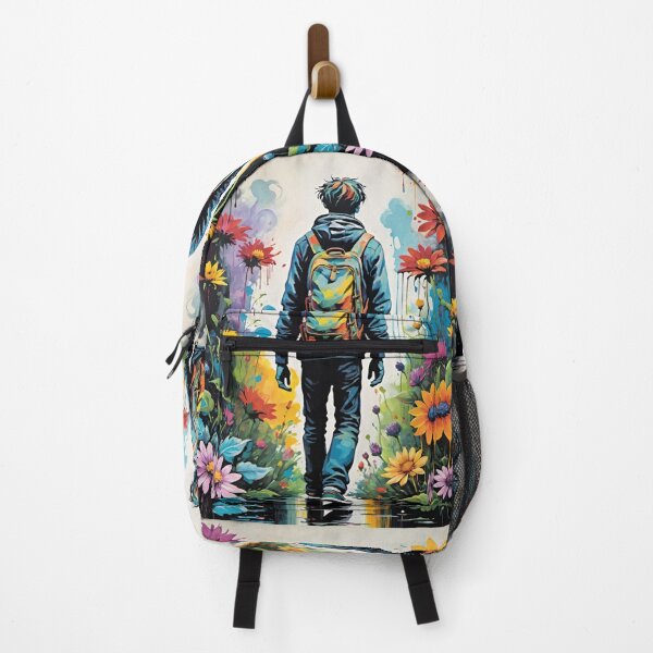 Item preview, Young Man In Jeans And Sneakers With Backpack Walking Through Tall Wildflowers designed and sold by CarrollGene.