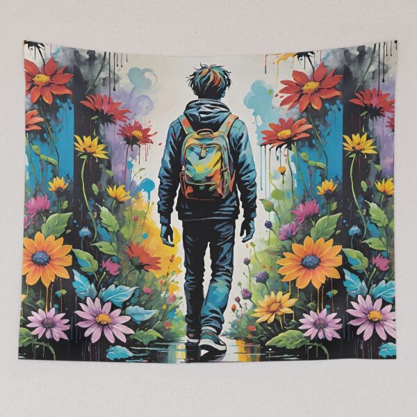 Item preview, Young Man In Jeans And Sneakers With Backpack Walking Through Tall Wildflowers designed and sold by CarrollGene.