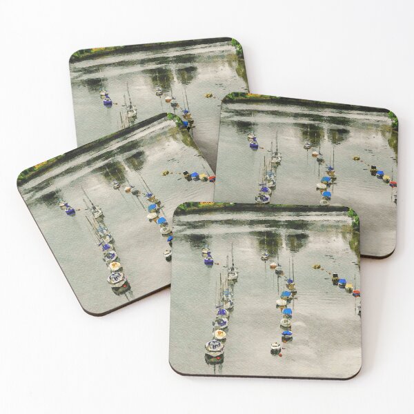 Item preview, Watercolor painting of boats on a tranquil river in Caernarfon, Wales designed and sold by GestaltImagery.