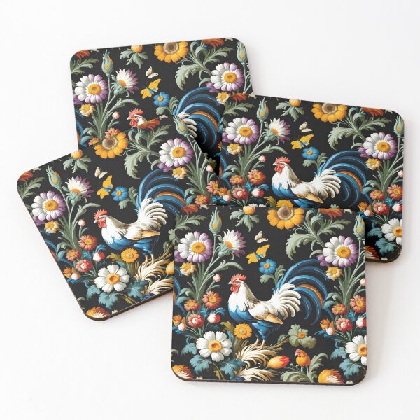 Item preview, Baroque Style Colorful Floral With Vibrant Rooster On A Black Background designed and sold by CarrollGene.