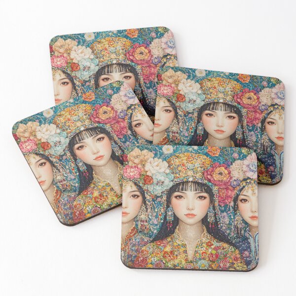 Item preview, Three women with vibrant floral headdresses in mosaic designed and sold by Artessie.