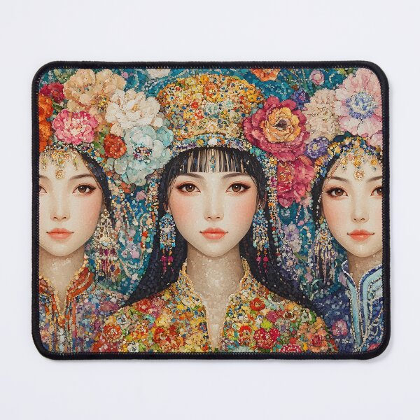 Item preview, Three women with vibrant floral headdresses in mosaic designed and sold by Artessie.