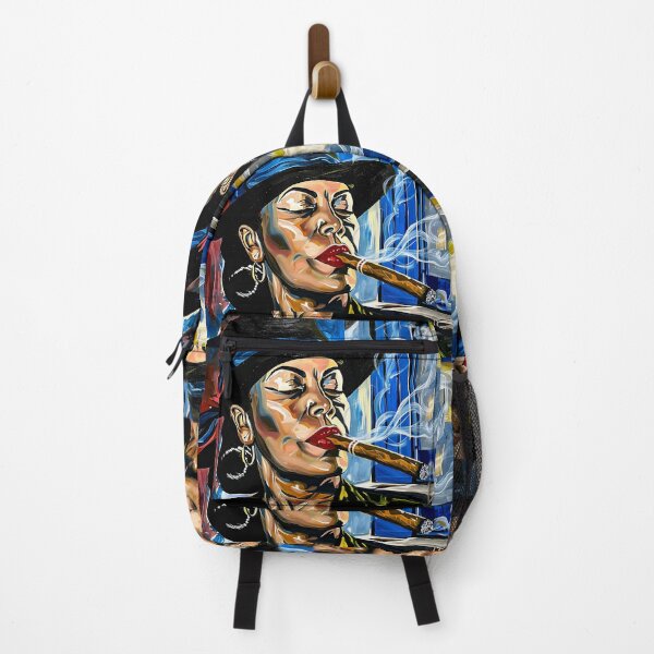 Item preview, Bold Enjoyment - Woman with Hat and Hoop Earrings Smoking Cigar Against Geometric Colorful Backdrop designed and sold by OlfactoART Studio.