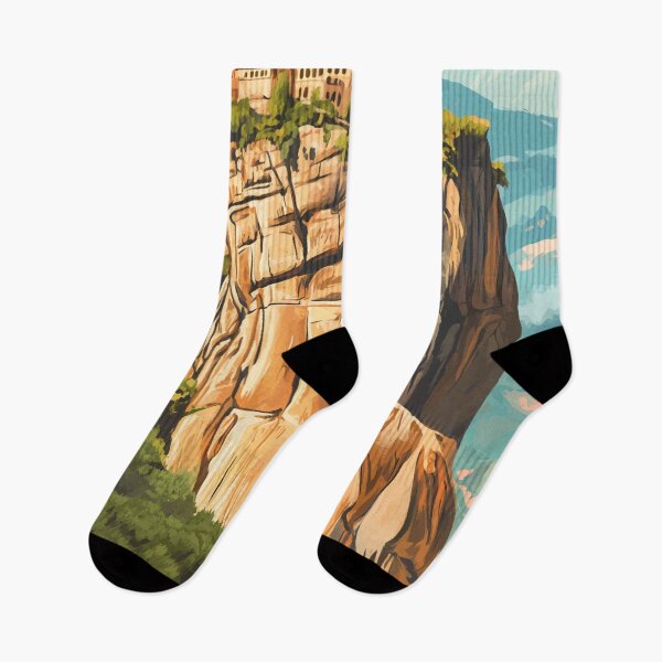 Item preview, Meteora Greece Illustration Travel Art Vintage designed and sold by KrisSidDesigns.