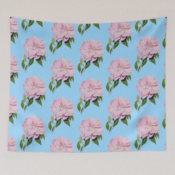 Item preview, Pink camellia with a blue background watercolour painting.  designed and sold by esvb.