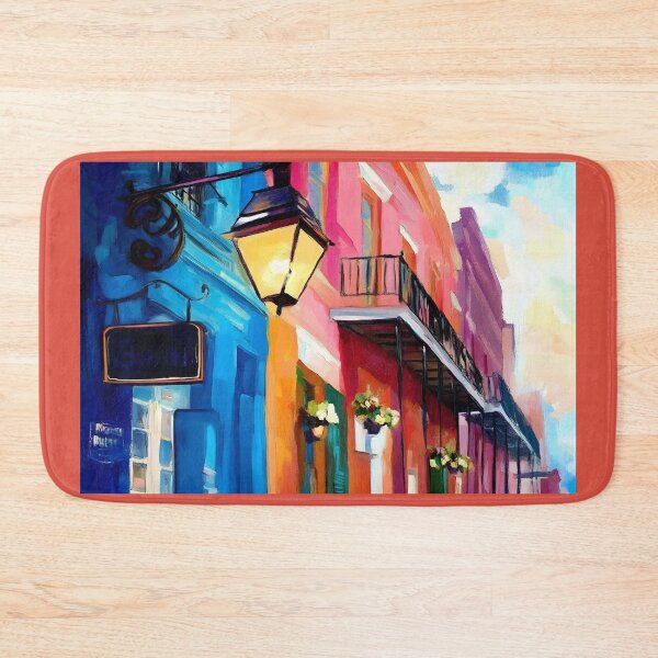 Item preview, New Orleans Vibrant Architecture - A Lively Street Scene with Blue and Pink Facades designed and sold by OlfactoART Studio.