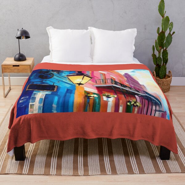 Item preview, New Orleans Vibrant Architecture - A Lively Street Scene with Blue and Pink Facades designed and sold by OlfactoART Studio.