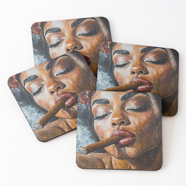 Item preview, Serene Indulgence - Woman with Lit Cigar and Swirling Smoke in Vibrant Colors designed and sold by OlfactoART Studio.