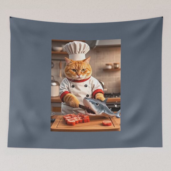Item preview, shark cooking cat designed and sold by artsmeow.