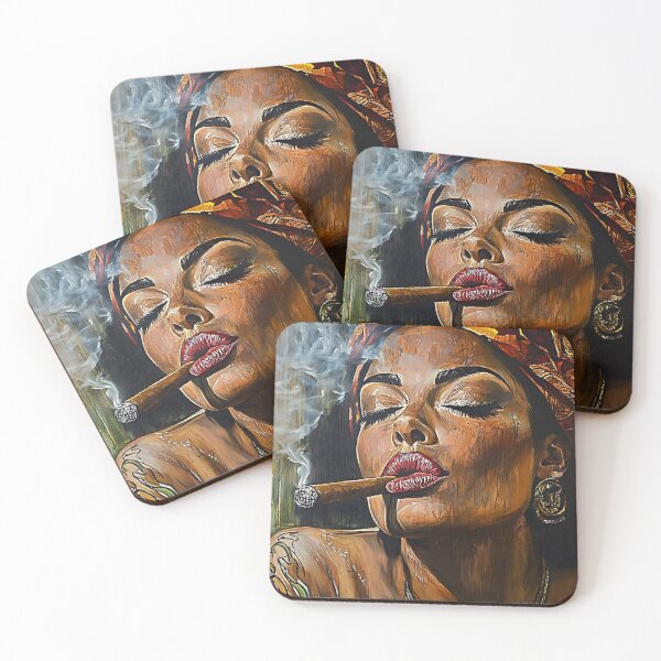 Item preview, Relaxed Confidence - Tattooed Woman with Red Lips and Colorful Headscarf Smoking a Cigar designed and sold by OlfactoART Studio.