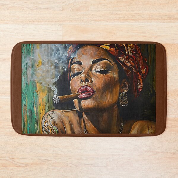 Item preview, Relaxed Confidence - Tattooed Woman with Red Lips and Colorful Headscarf Smoking a Cigar designed and sold by OlfactoART Studio.