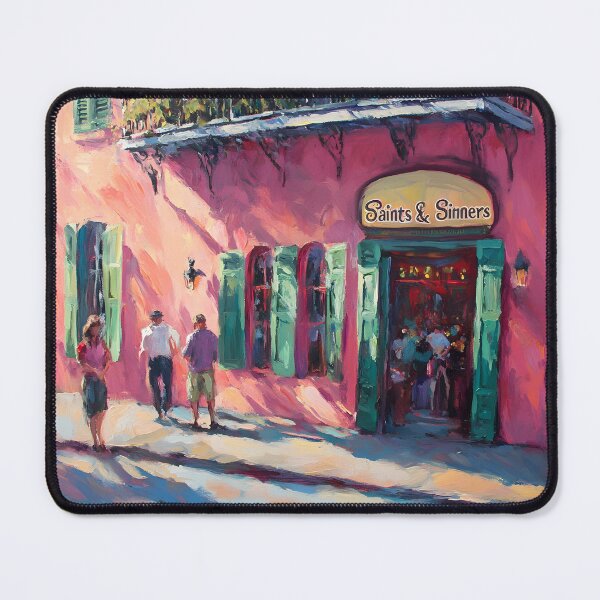 Item preview, Saints and Sinners - A Lively New Orleans Bar and Vivid Street with Vibrant Pink and Teal Charm Generated AI Art designed and sold by OlfactoART Studio.