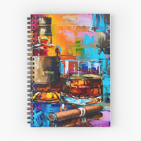 Item preview, Lively Indulgence - Whisky Bottle, Glass, and Cigar Against a Colorful Artistic Backdrop designed and sold by OlfactoART Studio.