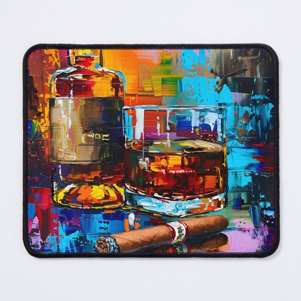 Item preview, Lively Indulgence - Whisky Bottle, Glass, and Cigar Against a Colorful Artistic Backdrop designed and sold by OlfactoART Studio.
