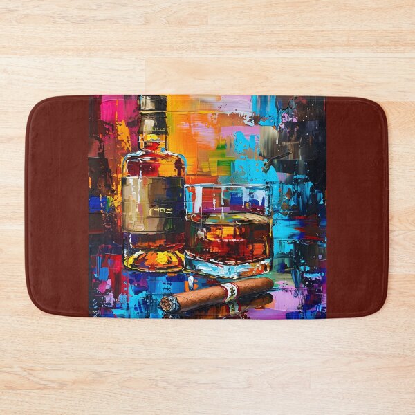 Item preview, Lively Indulgence - Whisky Bottle, Glass, and Cigar Against a Colorful Artistic Backdrop designed and sold by OlfactoART Studio.