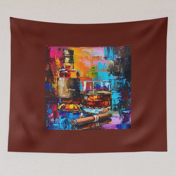 Item preview, Lively Indulgence - Whisky Bottle, Glass, and Cigar Against a Colorful Artistic Backdrop designed and sold by OlfactoART Studio.