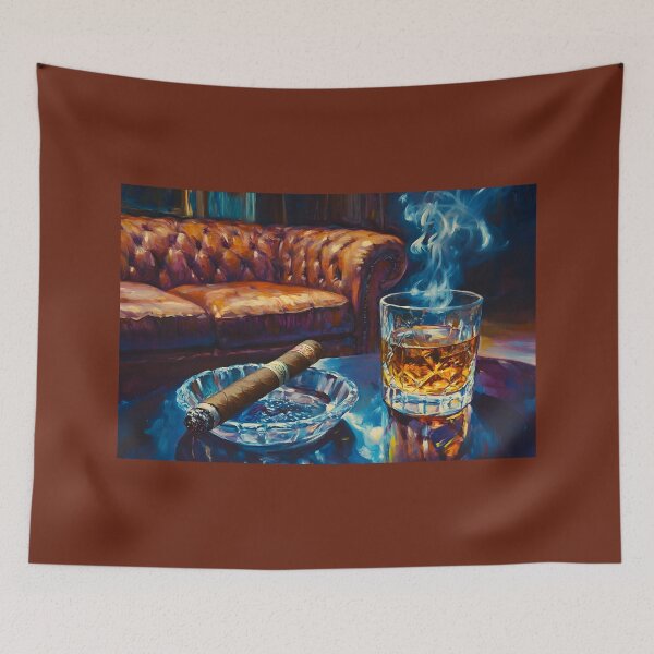 Item preview, Cozy Cigar Lounge - Plush Leather Sofa, Whiskey Glass, and Swirling Smoke in Warm Lighting designed and sold by OlfactoART Studio.