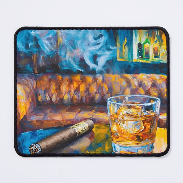 Item preview, Luxe Abstract Art Relaxation - Cigar Lounge with Leather Sofa, Whiskey Glass, and Swirling Smoke designed and sold by OlfactoART Studio.