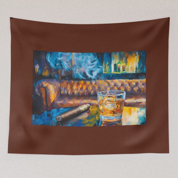 Item preview, Luxe Abstract Art Relaxation - Cigar Lounge with Leather Sofa, Whiskey Glass, and Swirling Smoke designed and sold by OlfactoART Studio.