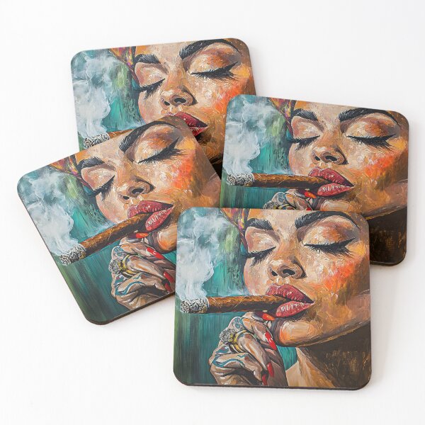 Item preview, Bold Indulgence - Woman with Striking Makeup Smoking a Cigar in Vivid Expressive Colors designed and sold by OlfactoART Studio.