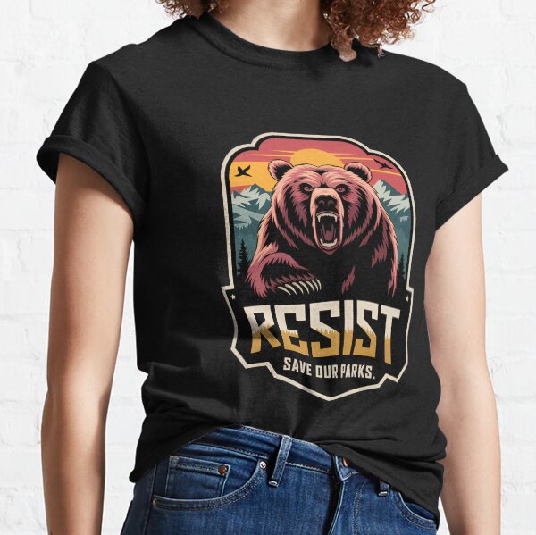 Vista previa del artículo con la obra «Protejamos nuestros parques nacionales Resistamos el arte del oso grizzly en ALT US», diseñado y vendido por StickyCraze.