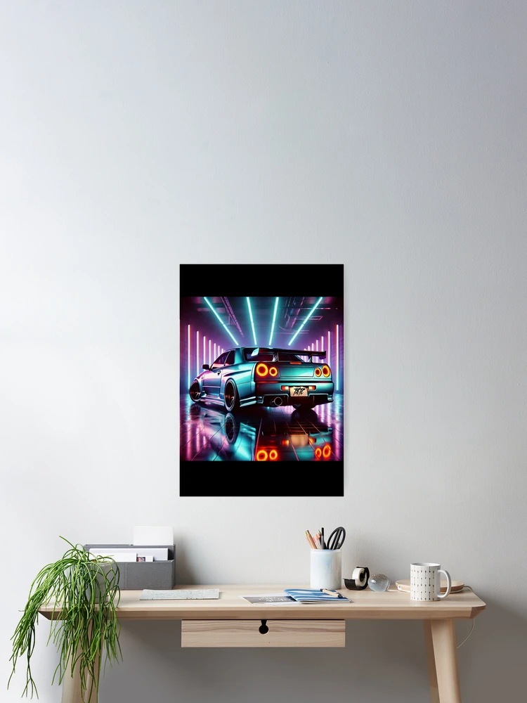 Thumbnail 2 of 3, Poster, Neon Nights: R34 Skyline GT-R Rear designed and sold by ThrottleNThread.