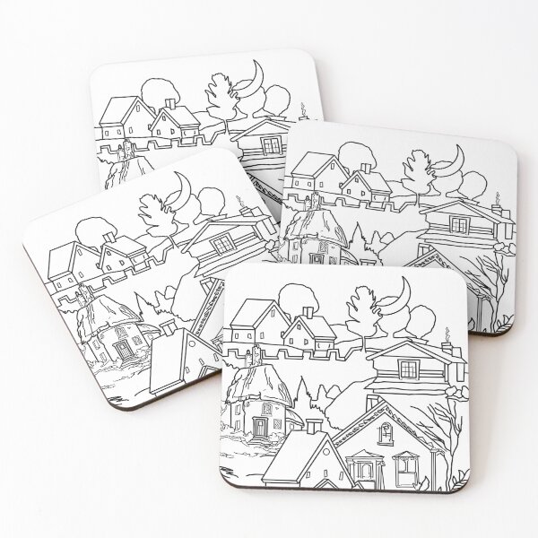 Item preview, Scenery village cottage black outline coloring pages designed and sold by chuckletuckle.