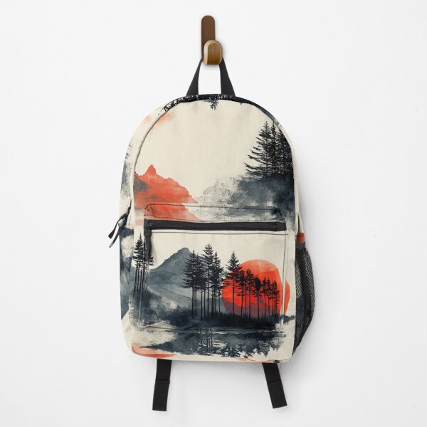 Item preview, Misty Pines and Scarlet Sun – Japanese Aesthetic Landscape designed and sold by The Art Morpher.