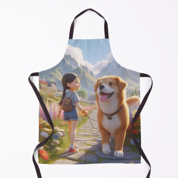 Item preview, Girl walks dog near mountain peak in floral garden. designed and sold by choder61.