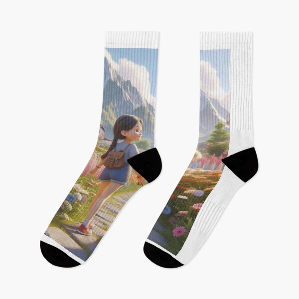 Item preview, Girl walks dog near mountain peak in floral garden. designed and sold by choder61.