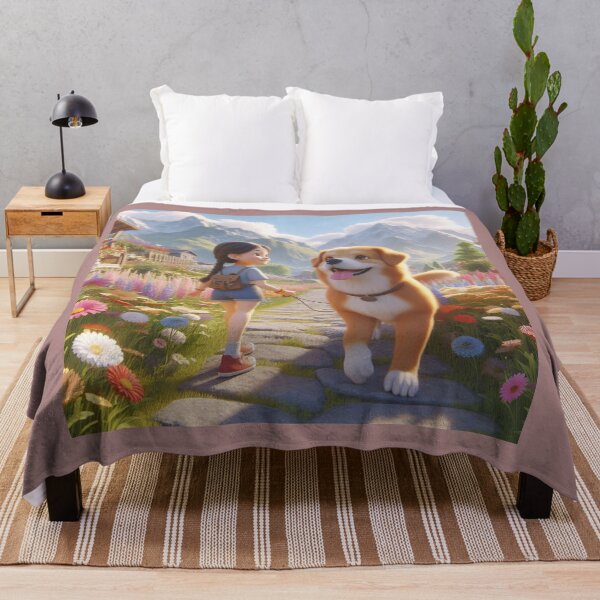 Item preview, Girl walks dog near mountain peak in floral garden. designed and sold by choder61.