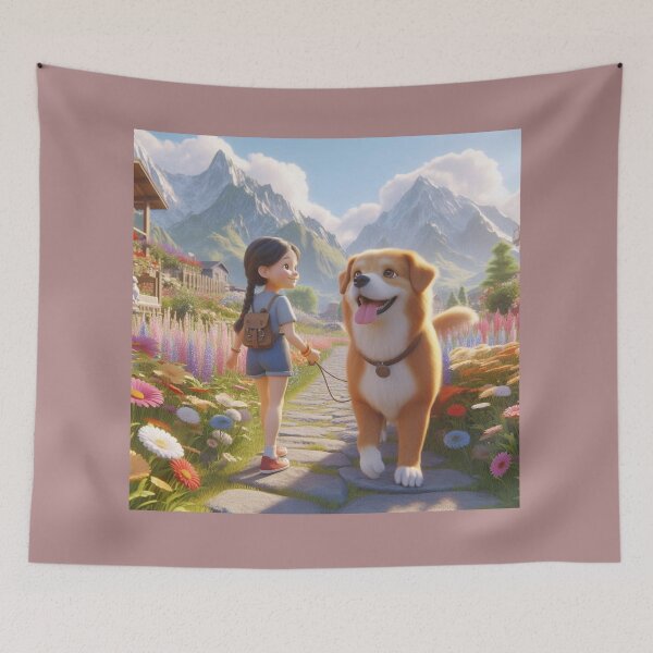 Item preview, Girl walks dog near mountain peak in floral garden. designed and sold by choder61.