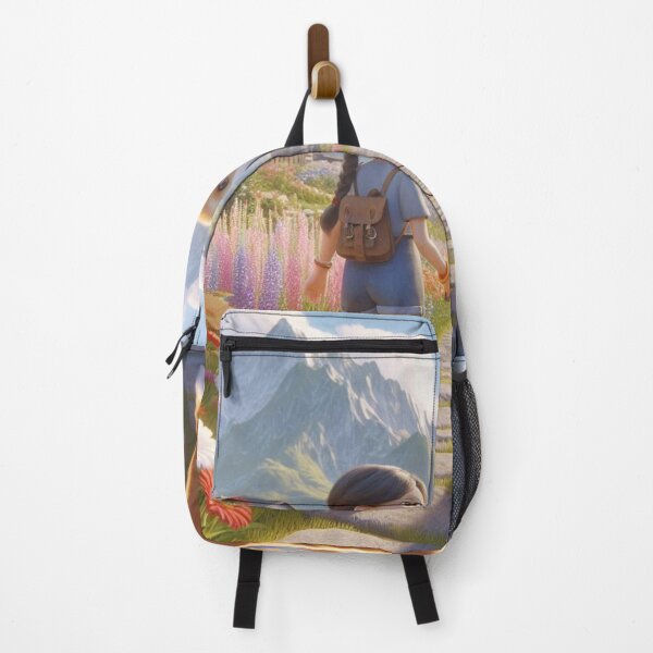 Item preview, Girl walks dog near mountain peak in floral garden. designed and sold by choder61.