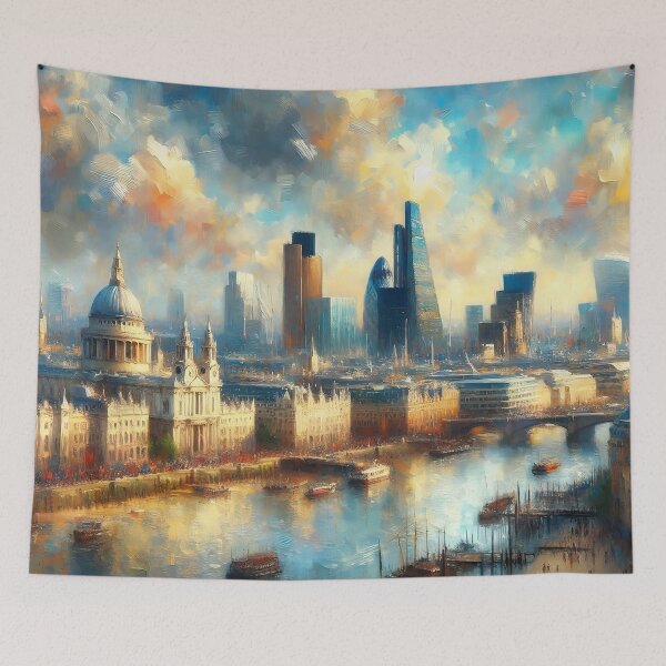 Item preview, London England Aerial Skyline Skyscrapers Thames Impressionist Painting designed and sold by TheTimeTaxi.