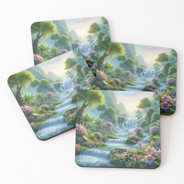 Item preview, Mystical Waterfall in Lush Floral Forest Landscape designed and sold by choder61.