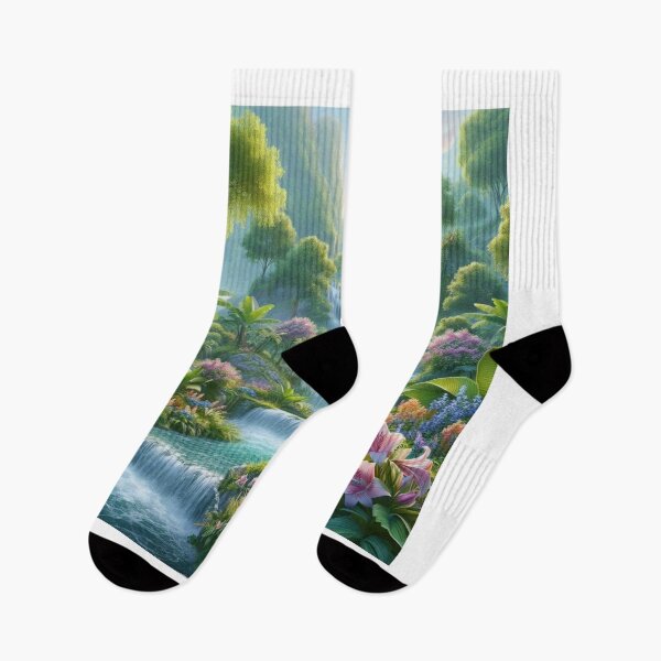 Item preview, Mystical Waterfall in Lush Floral Forest Landscape designed and sold by choder61.