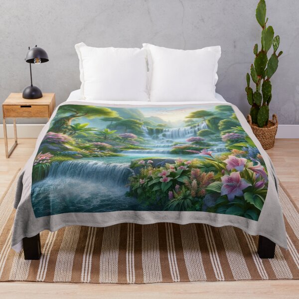 Item preview, Mystical Waterfall in Lush Floral Forest Landscape designed and sold by choder61.