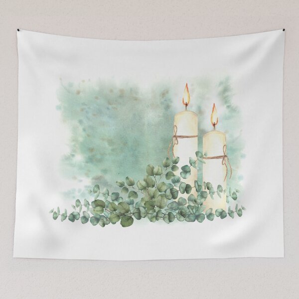 Item preview, Copy of Burning tow white church candle and green eucalyptus branch. Watercolor painting designed and sold by BartolArt.