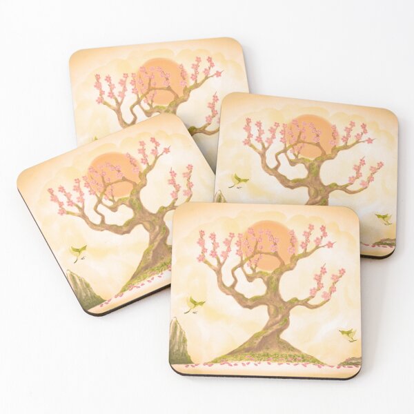 Item preview, Plum tree and lovely green birds at sunset designed and sold by greenPQBstudio.