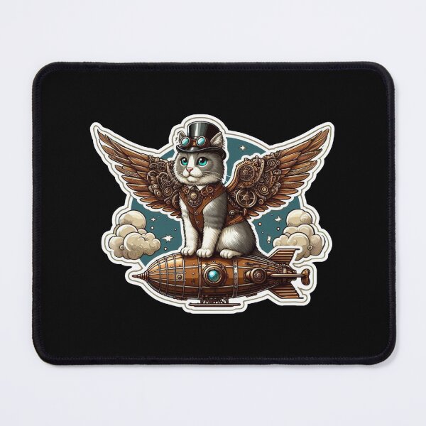 Item preview, Steampunk Cat with Mechanical Wings on Airship - Whimsical Fantasy Art designed and sold by Psycho-Crazy.