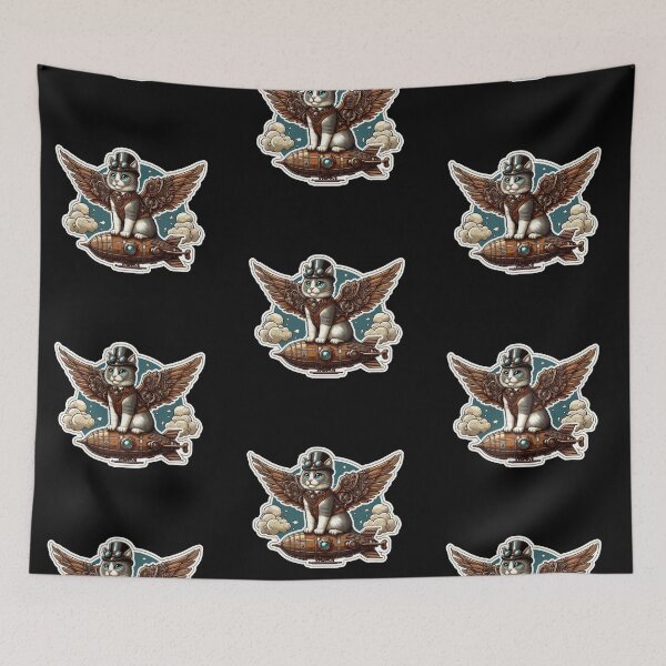 Item preview, Steampunk Cat with Mechanical Wings on Airship - Whimsical Fantasy Art designed and sold by Psycho-Crazy.
