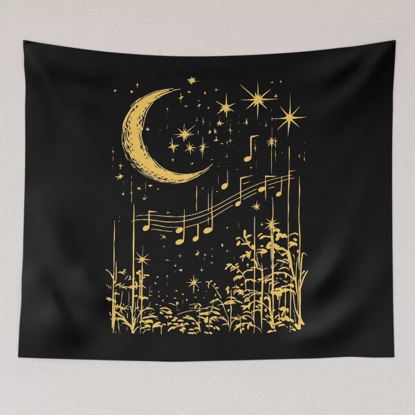 Item preview, Melodic Moon Art - Golden Musical Notes Night Symphony Print designed and sold by TuncGK.