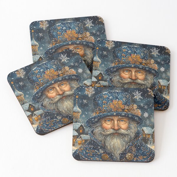 Item preview, Elderly wizard in winter village with snowflakes, magic. designed and sold by Artessie.