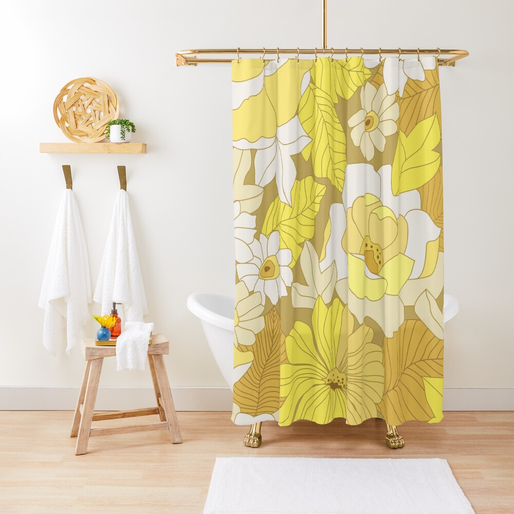 "Yellow, Ivory & Brown Retro Flowers " Shower Curtain for Sale by