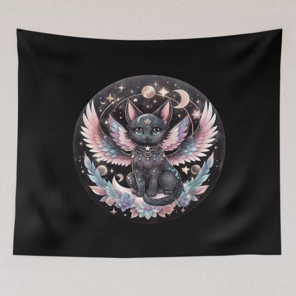 Item preview, Cute wings Black Cat Kawaii Pastel cottagecore Goth Moon Phases Crystal Witchy Astrology Celestial boho aesthetics and Moon Astrology Lovers designed and sold by Collagedream.