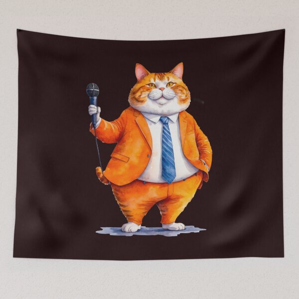 Item preview, Fat cat wearing orange suit standing on two legs holding microphone designed and sold by paiteen09.
