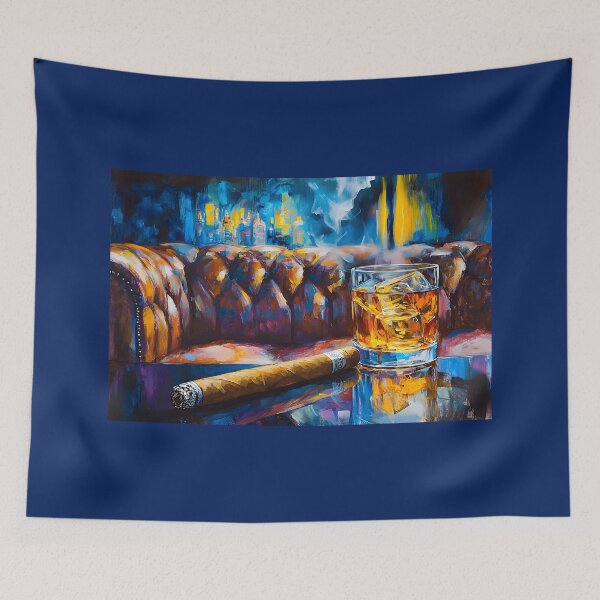 Item preview, Cigar Lounge Escape - Whiskey on the Rocks and Cigar with Plush Leather Couch and Abstract Colors designed and sold by OlfactoART Studio.