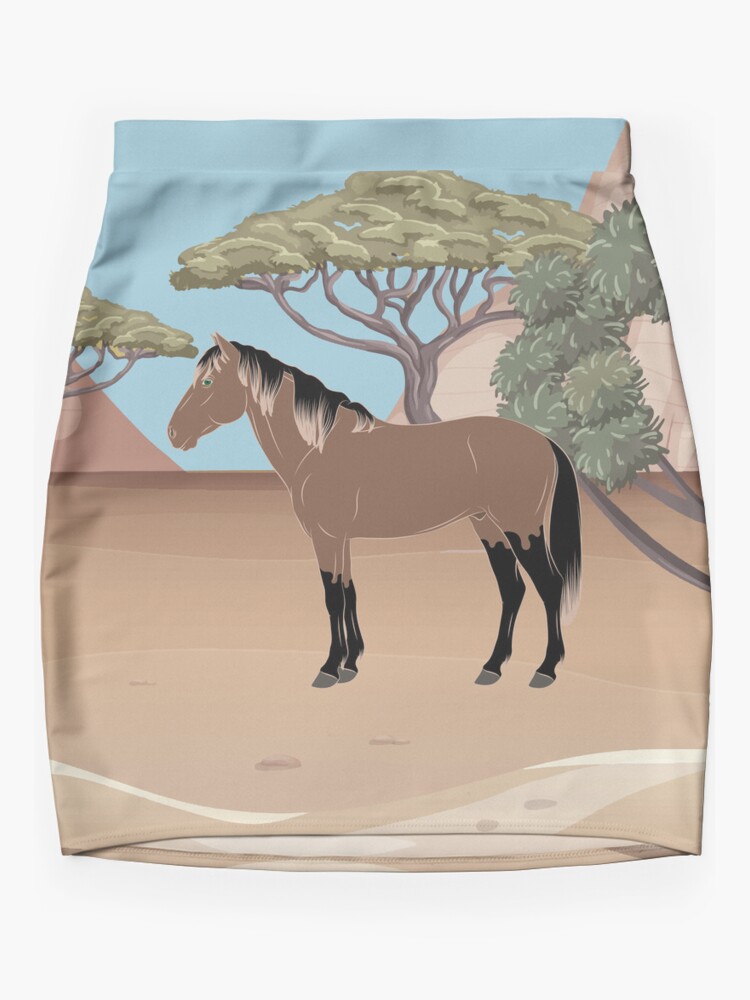 Aperçu 3 sur 4. Minijupe avec l'œuvre Cheval Abyssinien, cheval rouanné sur un fond de paysage, cheval de selle léger, races de chevaux de l'Éthiopie créée et vendue par WebEquitation.