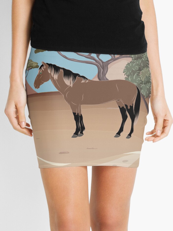 Aperçu 1 sur 4. Minijupe avec l'œuvre Cheval Abyssinien, cheval rouanné sur un fond de paysage, cheval de selle léger, races de chevaux de l'Éthiopie créée et vendue par WebEquitation.