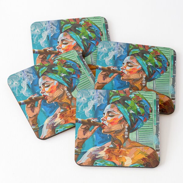 Item preview, Cuban Spirit - Vibrant Portrait of Woman Smoking a Cigar with Bold Colors and Textured Backdrop designed and sold by OlfactoART Studio.